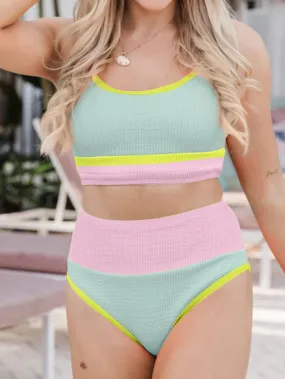 Beau Blue Textured Color Block High Waisted Bikini Ensemble