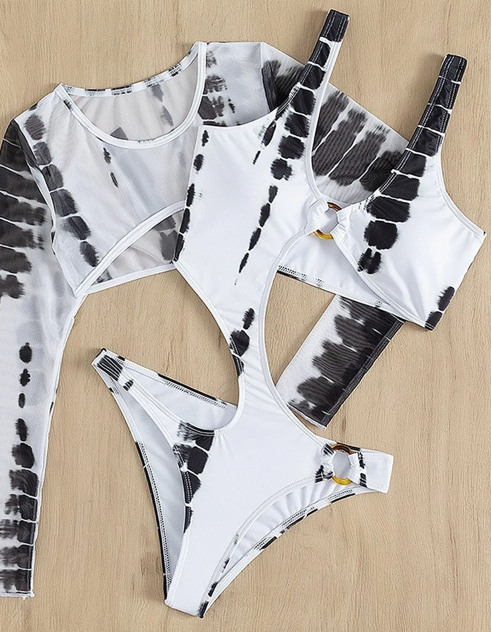 Black White Printed Cut Out Mesh Cover Two Piece Set