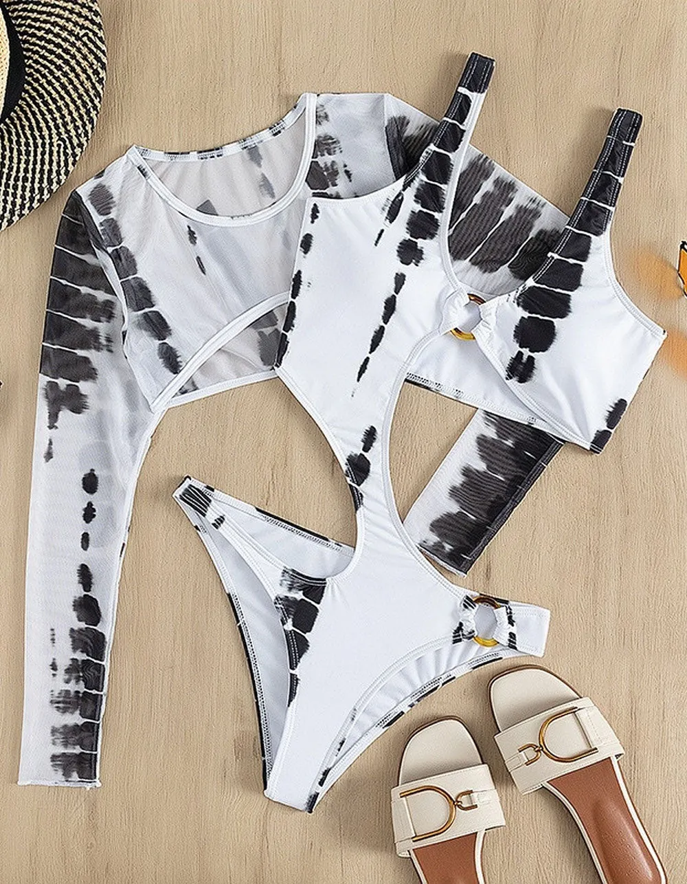 Black White Printed Cut Out Mesh Cover Two Piece Set
