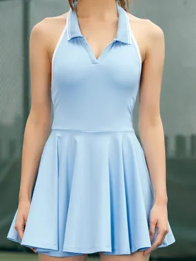 Blue Colorblock Halter Neck Backless Sports Dress with Collared Detail