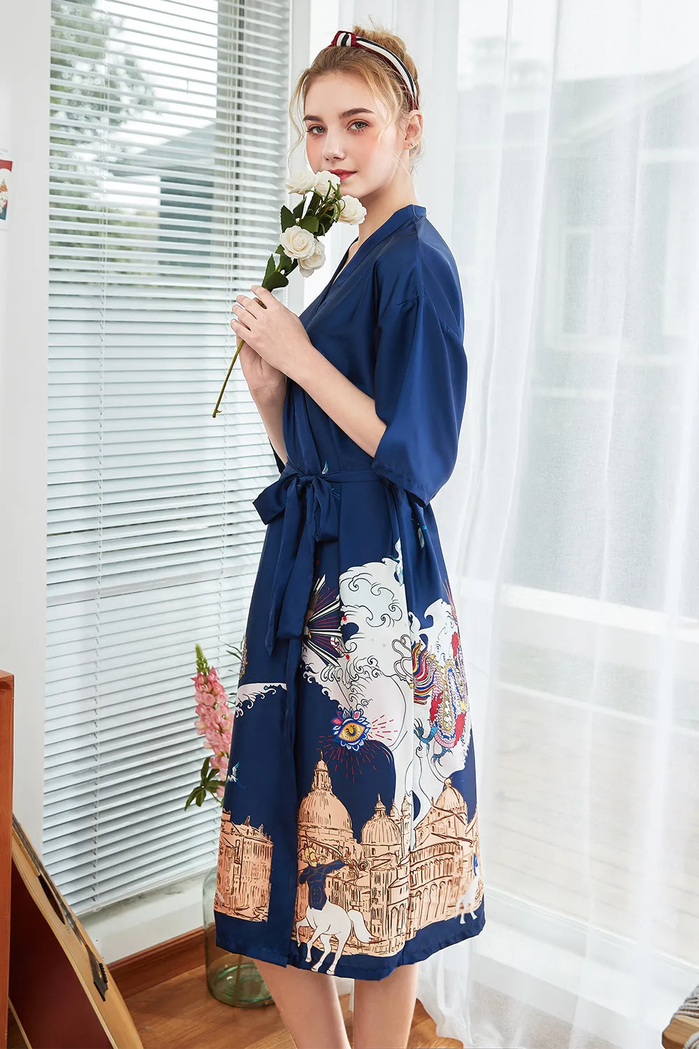 Blush Printed Satin Bridal Robes Kimono