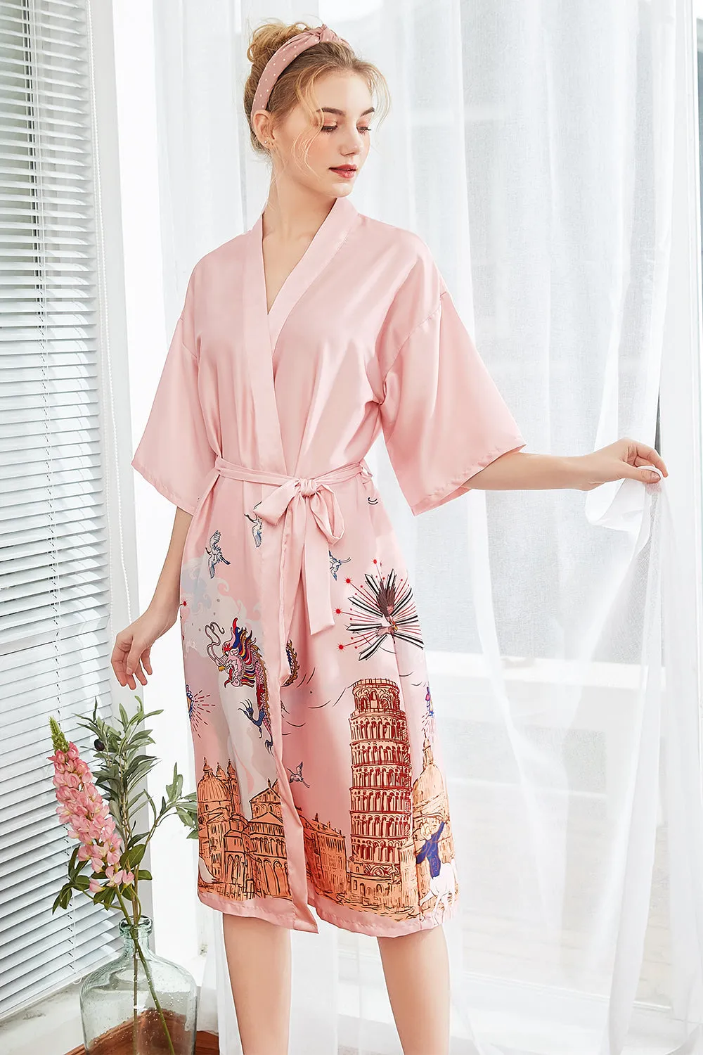 Blush Printed Satin Bridal Robes Kimono