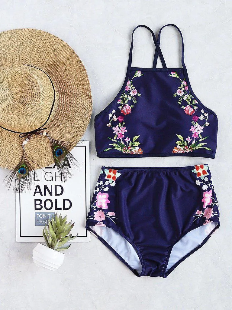 Calico Print High Waist Tankini Set