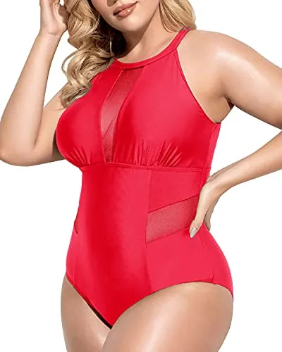 Charming High-Neck Plus Size Monokini For Curvy Women-Neon Red