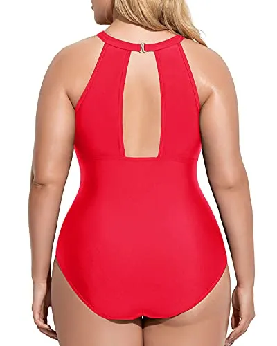 Charming High-Neck Plus Size Monokini For Curvy Women-Neon Red