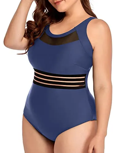 Chic Mesh One Piece Swimsuits Plus Size For Curvy Women-Blue