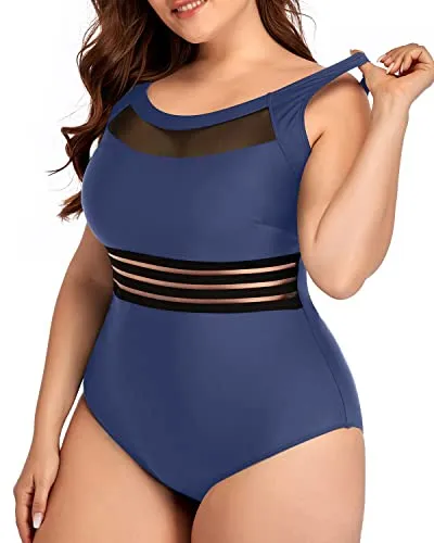 Chic Mesh One Piece Swimsuits Plus Size For Curvy Women-Blue