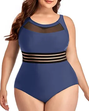 Chic Mesh One Piece Swimsuits Plus Size For Curvy Women-Blue