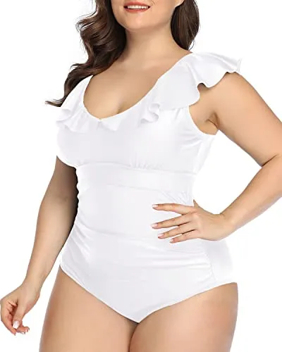 Chic Ruffled Plus Size V-Neck Swimwear For Curvy Women-White