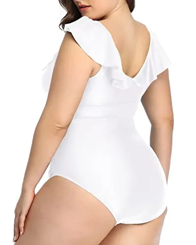 Chic Ruffled Plus Size V-Neck Swimwear For Curvy Women-White