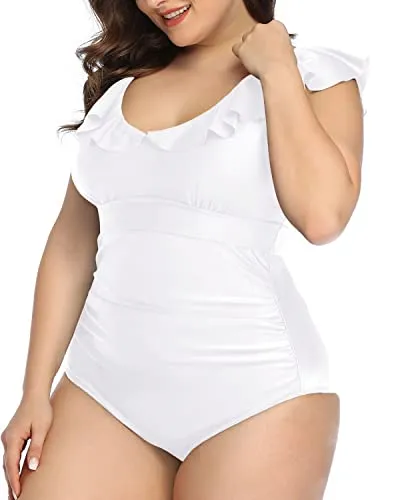 Chic Ruffled Plus Size V-Neck Swimwear For Curvy Women-White