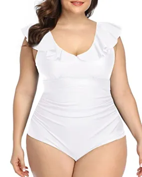 Chic Ruffled Plus Size V-Neck Swimwear For Curvy Women-White