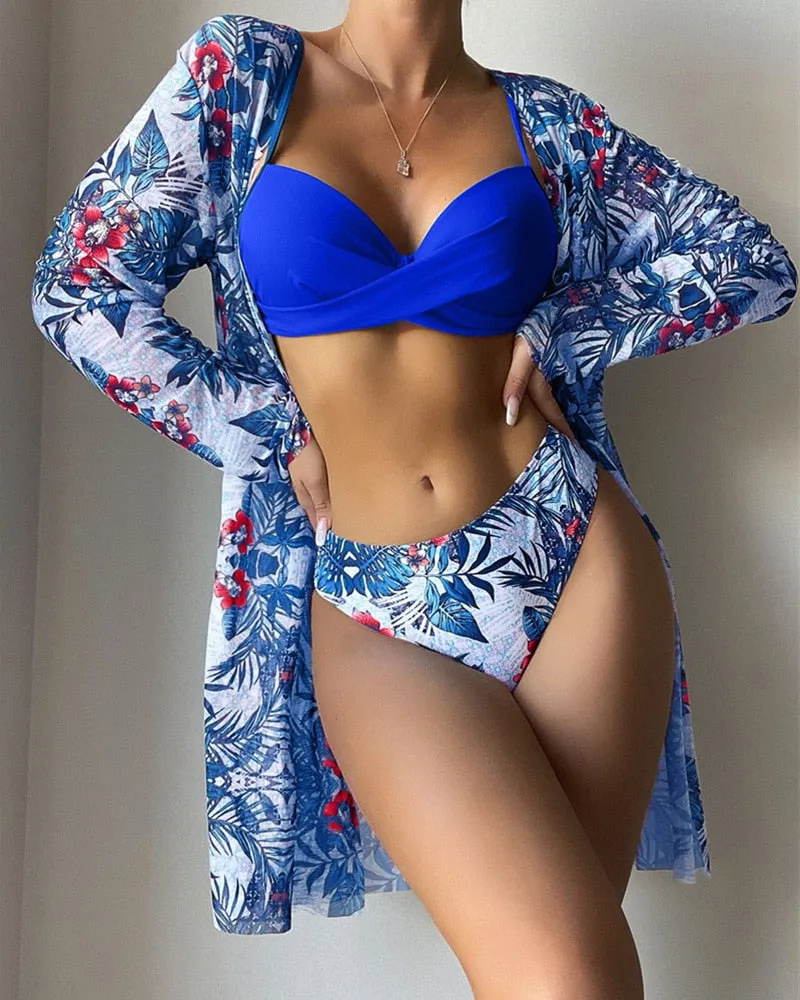 Chica Floral Print Bikinis Sets Three pieces Swimsuits