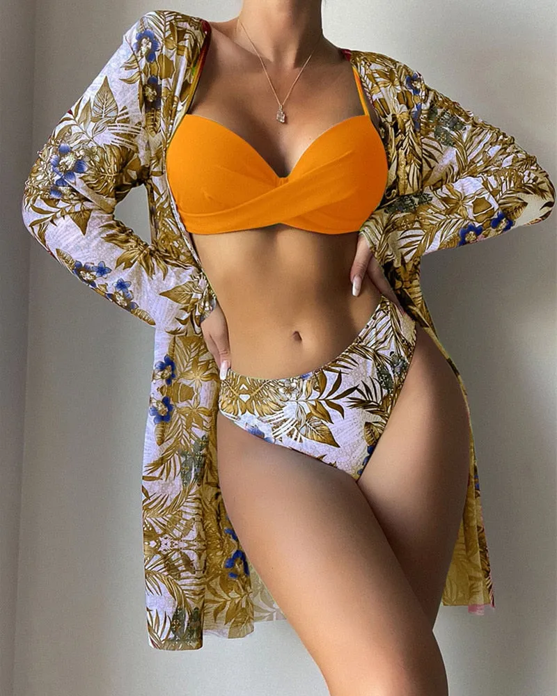 Chica Floral Print Bikinis Sets Three pieces Swimsuits