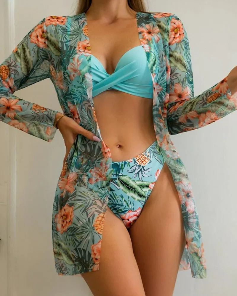 Chica Floral Print Bikinis Sets Three pieces Swimsuits