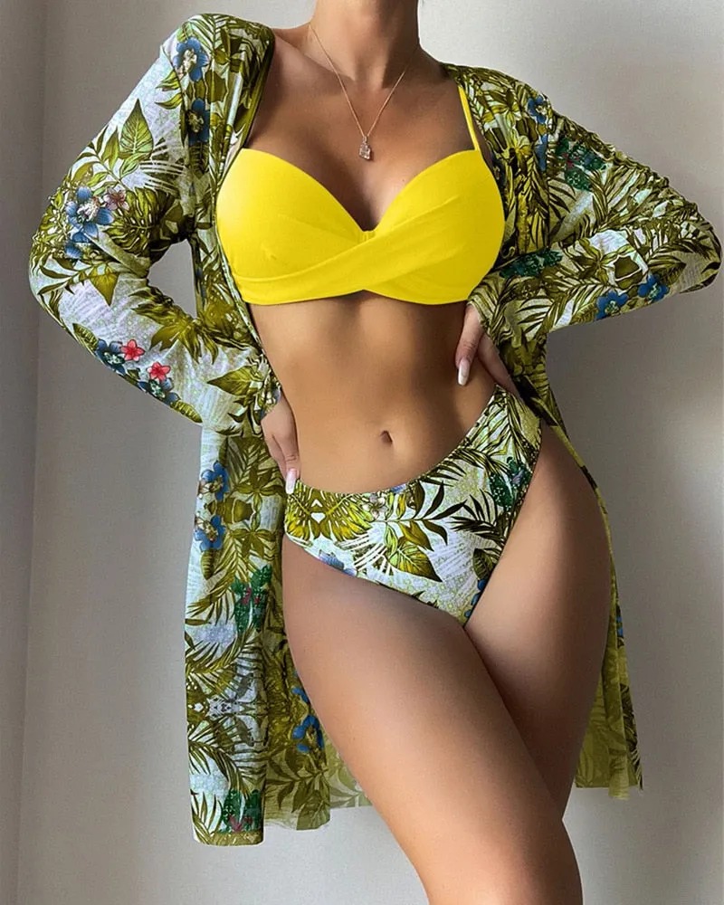 Chica Floral Print Bikinis Sets Three pieces Swimsuits