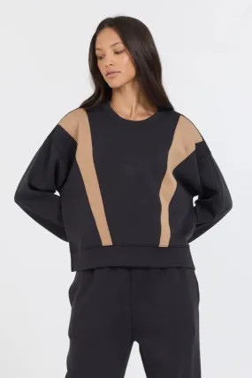 Cloud Fleece Colorblock Crew in Black/Caramel