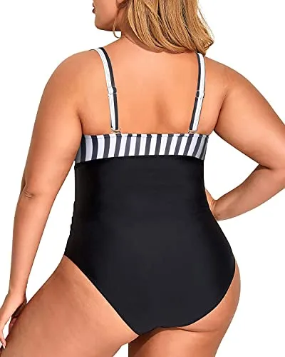 Comfortable Removable Padded Slimming One Piece Swimsuits-Black And White Stripe