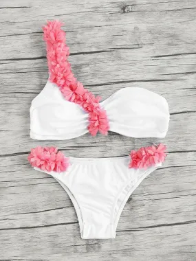 Contrast Flower Embellished One Shoulder Bikini Set