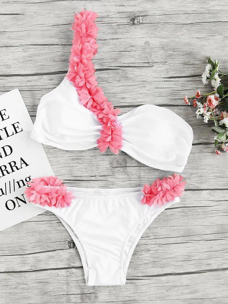 Contrast Flower Embellished One Shoulder Bikini Set
