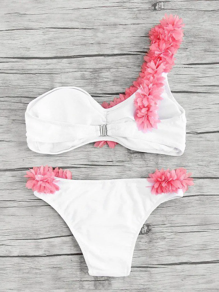 Contrast Flower Embellished One Shoulder Bikini Set