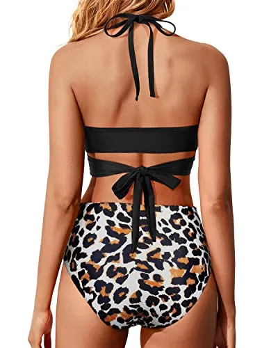 Criss Cross Two Piece Swimsuits With Tummy Control For Women-Black And Leopard
