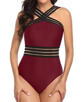 Crisscross Mesh Straps Swimwear One Piece Tummy Control Bathing Suit-Maroon