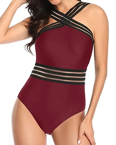 Crisscross Mesh Straps Swimwear One Piece Tummy Control Bathing Suit-Maroon