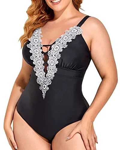 Crochet Trim Tummy Control Plus Size One Piece Swimsuits For Women-Black