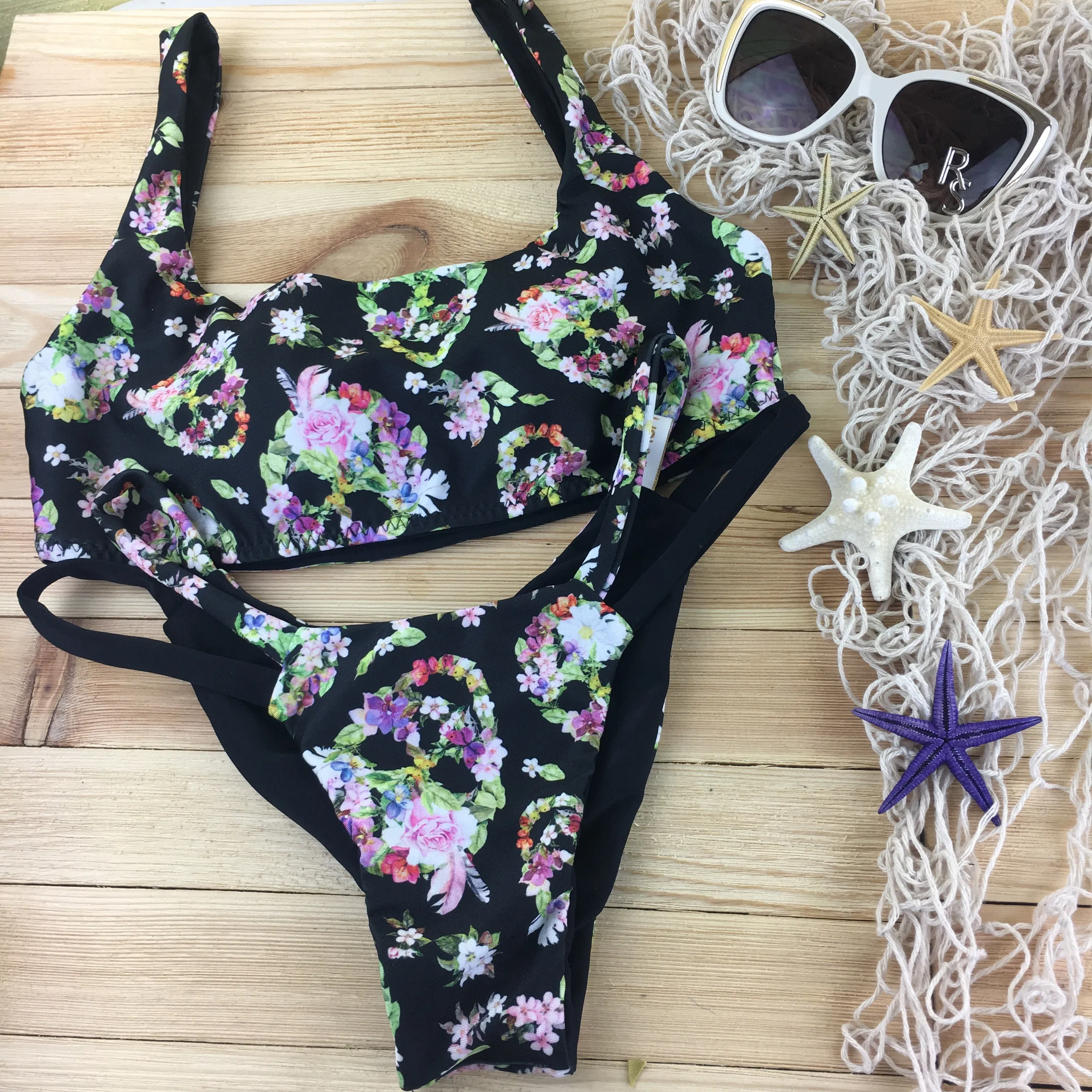 Custom Black Floral Skulls Plunge neck 4:1 Flip It Reversible Bikini(SUIT SOLD PER PIECE OR SET)price varies