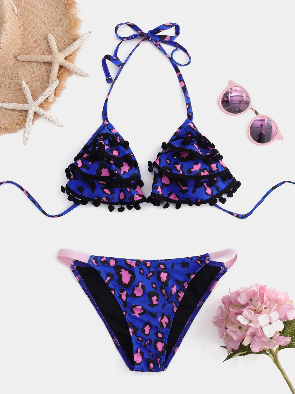 Custom Strapless Deep V Neck Floral Print Wireless Sleeveless Ruffle Hem Bikinis