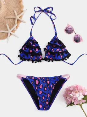 Custom Strapless Deep V Neck Floral Print Wireless Sleeveless Ruffle Hem Bikinis