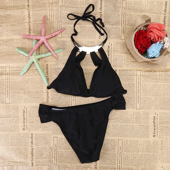 Cut Out Halter Strap Push Up Swimsuit Bikini Set Swimwear