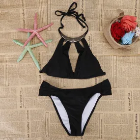 Cut Out Halter Strap Push Up Swimsuit Bikini Set Swimwear