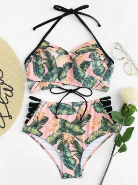 Cut Out Side Lace Up Back Bikini Set