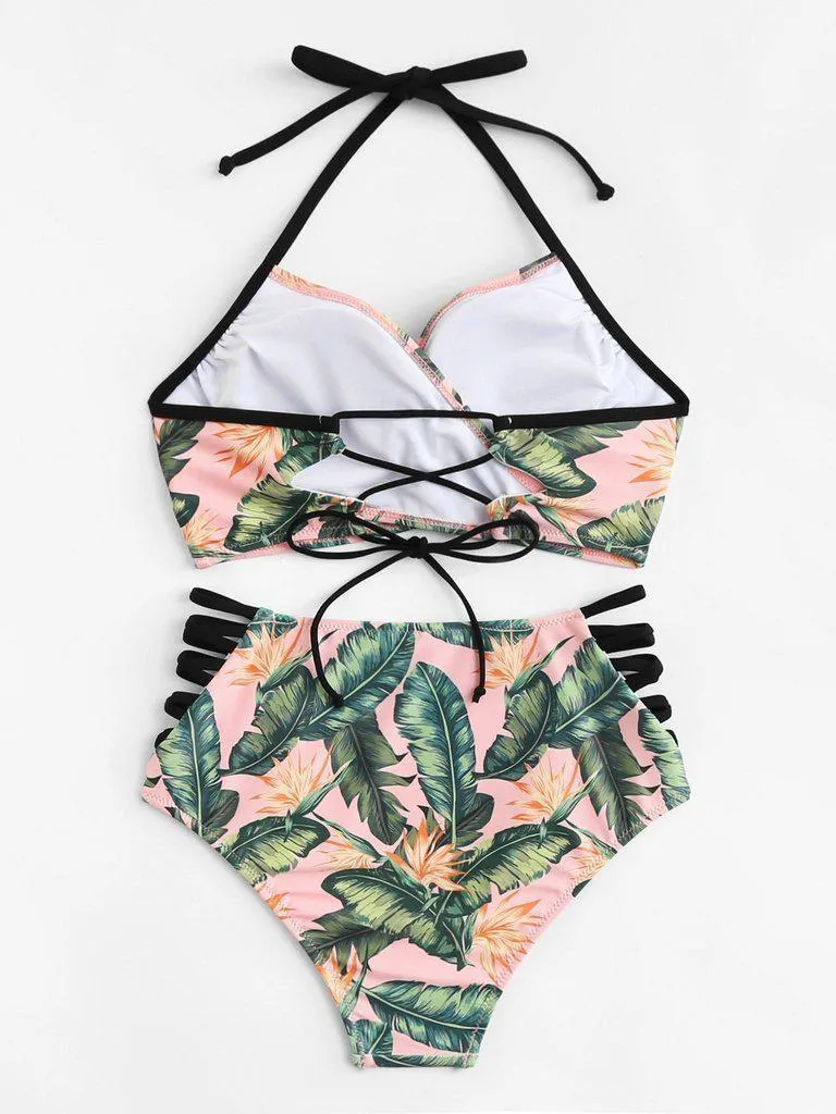 Cut Out Side Lace Up Back Bikini Set
