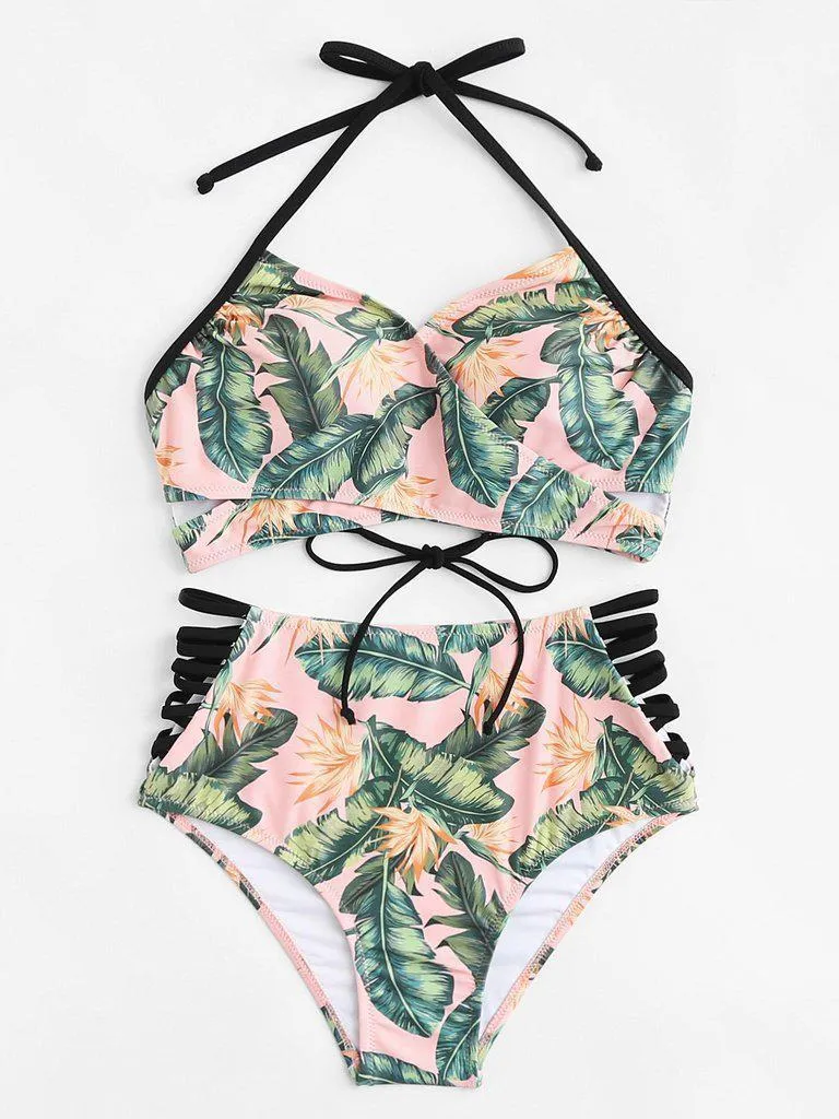 Cut Out Side Lace Up Back Bikini Set