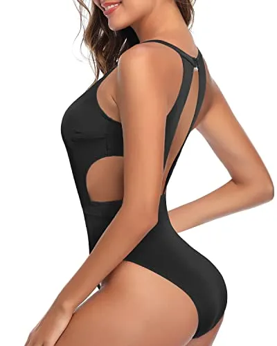 Cutout High Neck One Piece Swimsuit Tummy Control For Teen Girls-Black