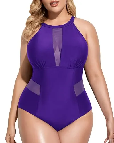 Deep Plunge Open Back Monokini Plus Size Swimsuit-Purple