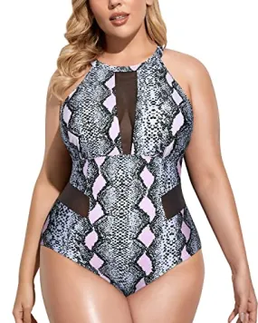 Elegant Deep Plunge Plus Size Mesh Swimsuit-Light Pink Snake Print