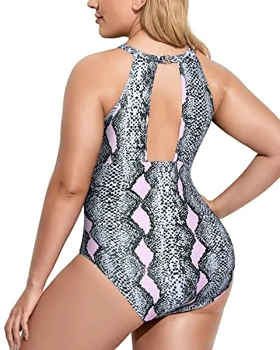 Elegant Deep Plunge Plus Size Mesh Swimsuit-Light Pink Snake Print
