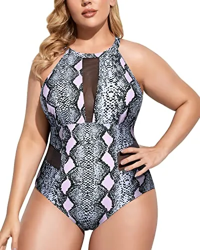 Elegant Deep Plunge Plus Size Mesh Swimsuit-Light Pink Snake Print