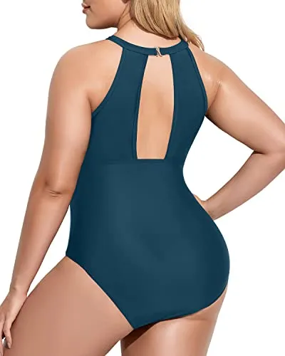 Elegant Mesh Cut Out Monokini Plus Size Swimsuit For Curvy Women-Teal