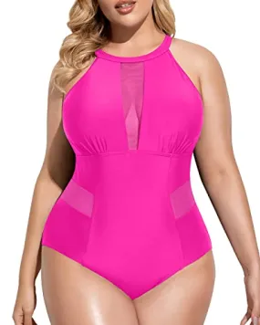 Elegant Plunge Mesh Cut-Out Swimsuit For Plus Size Women-Neon Pink