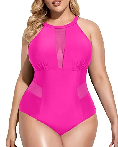 Elegant Plunge Mesh Cut-Out Swimsuit For Plus Size Women-Neon Pink