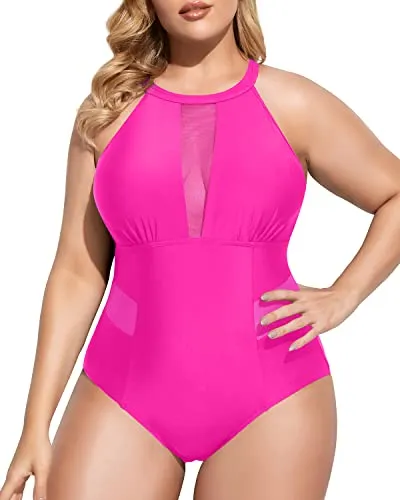 Elegant Plunge Mesh Cut-Out Swimsuit For Plus Size Women-Neon Pink