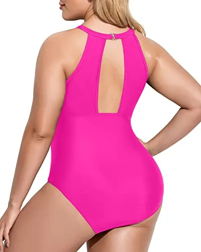 Elegant Plunge Mesh Cut-Out Swimsuit For Plus Size Women-Neon Pink