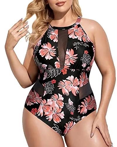 Fashionable High-Neck Cut-Out Bathing Suit For Plus Size Women-Black Orange Floral