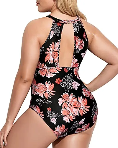 Fashionable High-Neck Cut-Out Bathing Suit For Plus Size Women-Black Orange Floral