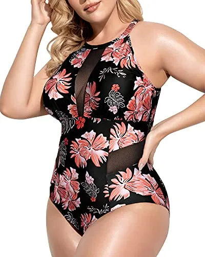 Fashionable High-Neck Cut-Out Bathing Suit For Plus Size Women-Black Orange Floral